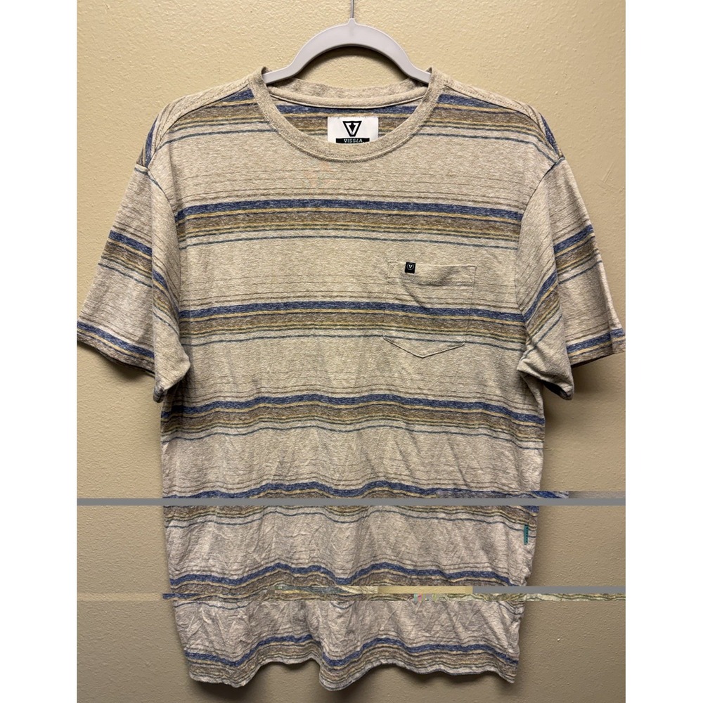 Vissla Tee Tahoe Pocket Crew Neck Short Sleeve Striped Large Tan Skate Surf